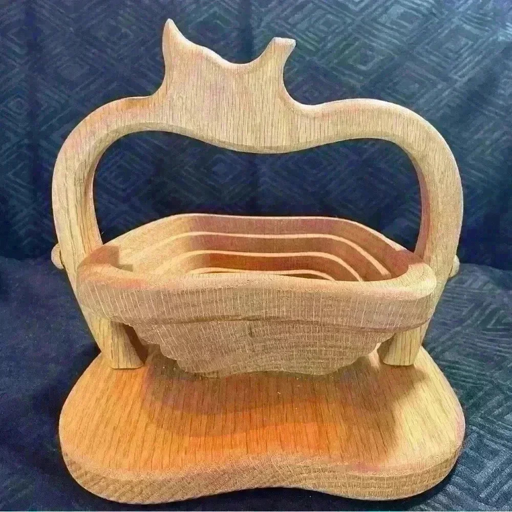 Vintage Collapsible Folding Wooden Basket/Trivet Apple Shaped